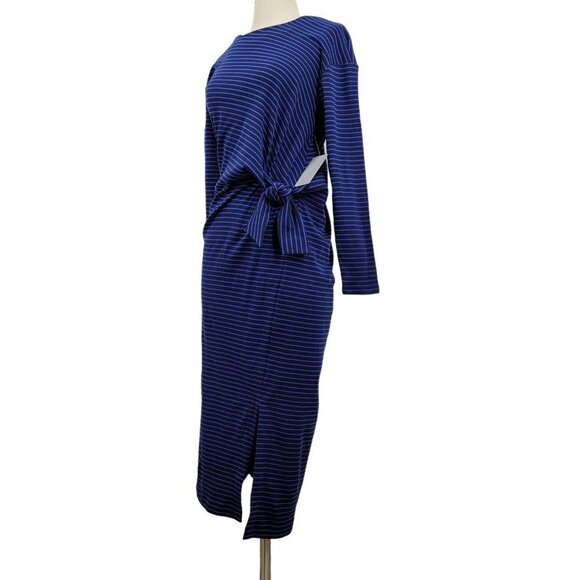 Melloday Women's Blue Black Stripe Long Sleeve Mid Length Dress Size S NWT - Picture 2 of 10